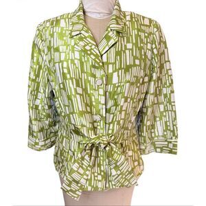 Perceptions Green & White Tie Front Blouse/Jacket GeometricPattern Sz 16 3/4 Sle